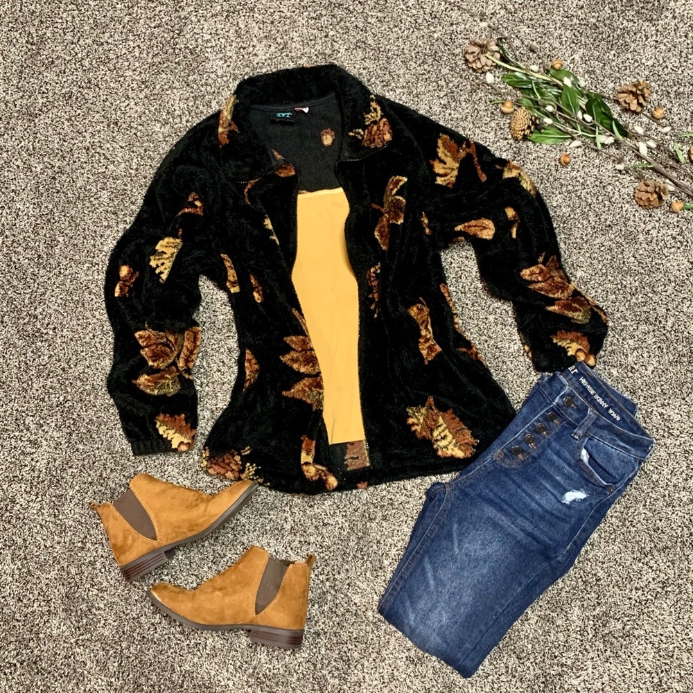 Vintage Mazmania Black Fleece Jacket Oversized Sm Fall Rust Leaves Full Zip USA